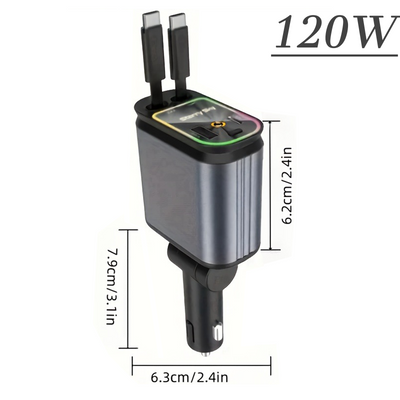 מטען רכב מתקפל 4 ב-1 עם כבל USB לגג כוכב Type-C לטעינה מהירה של iPhone מתאם מצת כוכב לטלפון