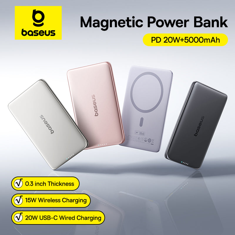 בסיסוס 5000mAh סוללת גיבוי מגנטית 15W אלחוטית 20W טעינה מחוברת דקה בגודל כרטיס דקה ניידת לאייפון סמסונג