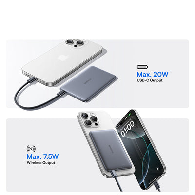 בסיסוס 5000mAh סוללת גיבוי מגנטית 15W אלחוטית 20W טעינה מחוברת דקה בגודל כרטיס דקה ניידת לאייפון סמסונג