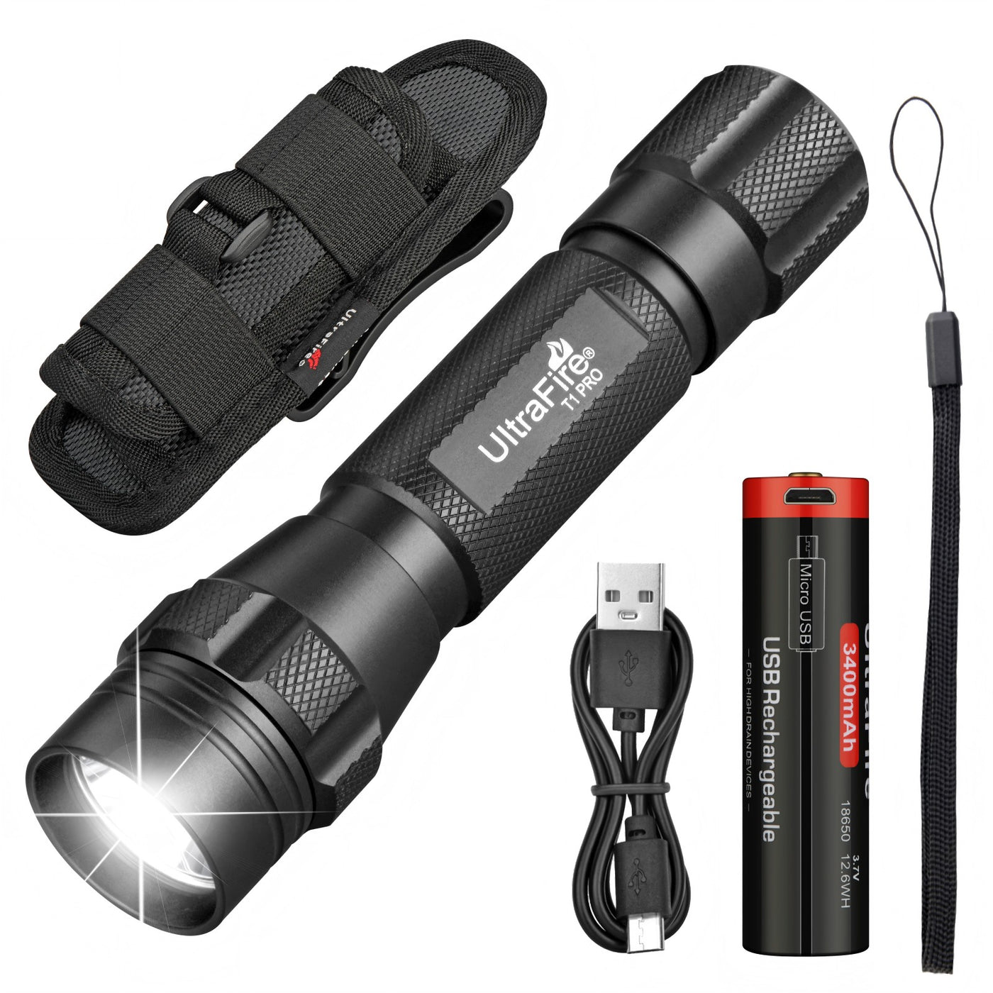 פנס טקטי צבאי UltraFire T1 Pro עם נרתיק פנסים טקטיים נטענים רבי עוצמה של 1200 לומן לשימוש יומיומי בחוץ